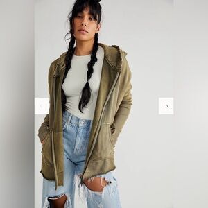 Free People Oversized Cardigan with Hood, Army Khaki Green, Distressed w/Zipper